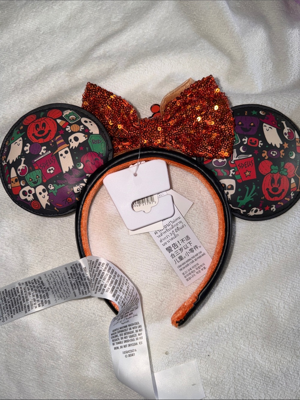 Disney Halloween Minnie Ears Headband with Orange Sequin Bow - Picture 2 of 5